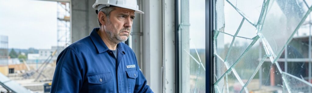 artisan face à une fenêtre cassée sur chantier responsabilité civile professionnelle