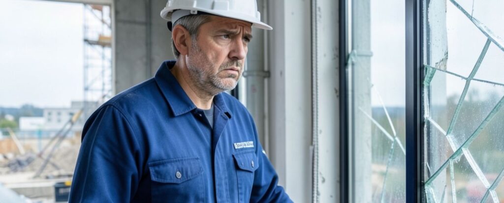 artisan face à une fenêtre cassée sur chantier responsabilité civile professionnelle