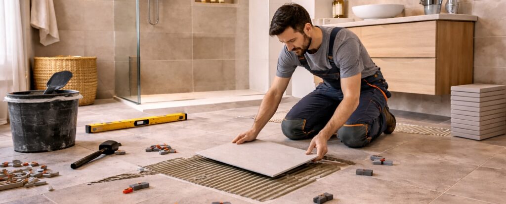 Carreleur artisan en train de poser du carrelage — tarif assurance carreleur 2026