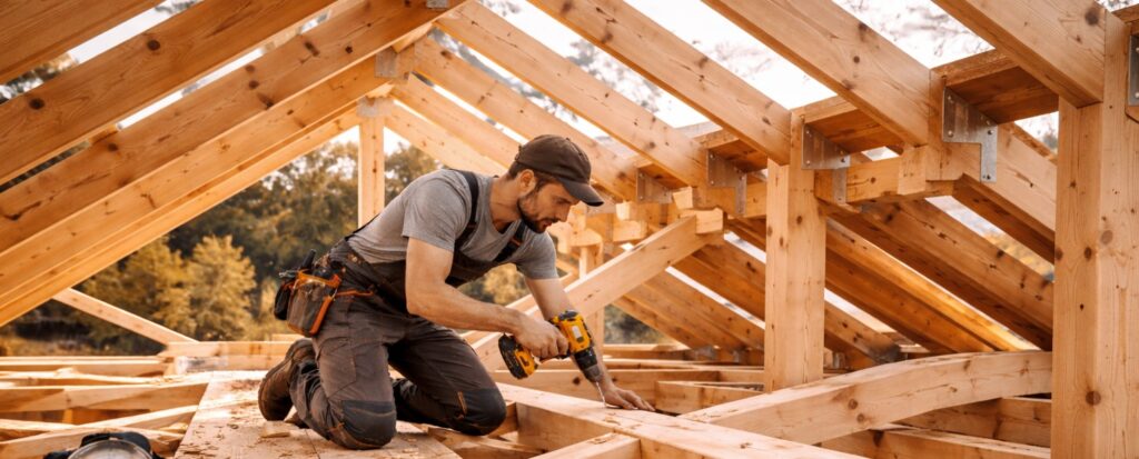 Charpentier artisan sur une structure de toiture en bois — tarif assurance charpentier 2026