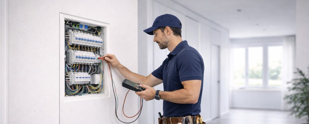 Électricien artisan devant un tableau électrique — tarif assurance électricien 2025